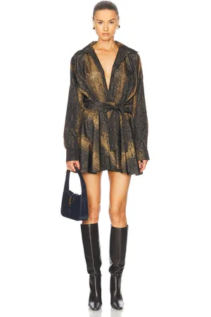 Norma Kamali Super Oversized Boyfriend Shirt Flared Mini Dress in Brown