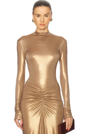 LAPOINTE Coated Jersey Mock Neck Bodysuit in Metallic Bronze