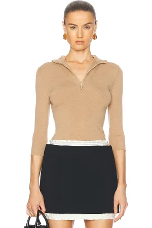 Victoria Beckham Half Zip Short Sleeve Top in Tan