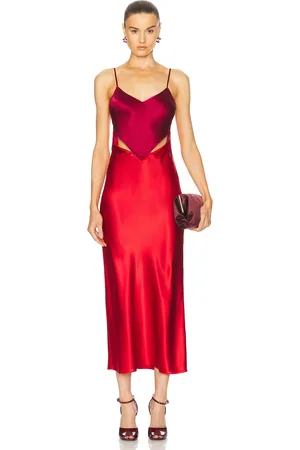 FLEUR DU MAL Silk Zipper Maxi Slip Dress in Red