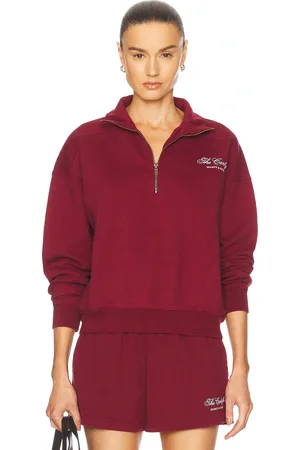 Sporty & Rich X Hotel Carlyle Script Embroidered Quarter Zip Sweater in Burgundy