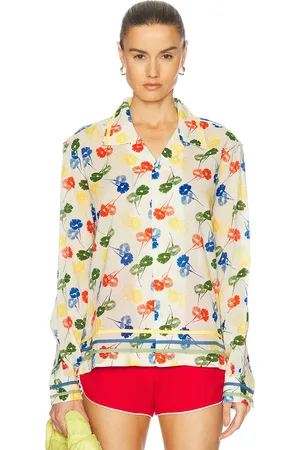 BODE Flower Stamp Long Sleeve Top in Yellow,Blue