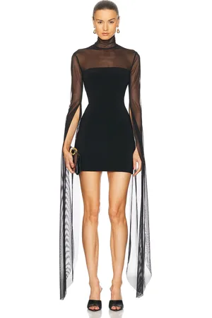 Norma Kamali Ribbon Sleeve Turtleneck Mesh Mini Dress in