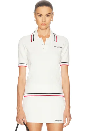 Sporty & Rich Serif Logo Mini Cable Polo Top in Ivory