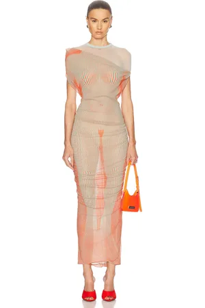 Jean Paul Gaultier Pinstripe Body Morphing Long Dress in Coral