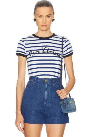 VALENTINO Striped Cotton T Shirt in Blue