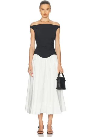 Simkhai Cersei Off Shoulder Midi Dress in White Black Multi in Black,White