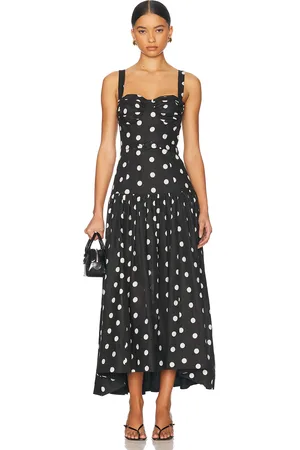 Nicholas Drenica Bustier Drop Waist Midi Dress in Black Ivory Polka Dot in Black