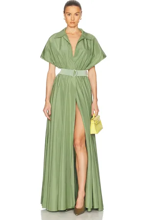 Norma Kamali Super Oversized Sleeveless Boyfriend Shirt Flared Gown in Green