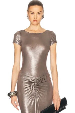 LAPOINTE Coated Jersey Short Sleeve Mock Neck Bodysuit in Metallic Silver