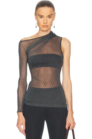 Courrèges One Shoulder Striped Mesh Top in Black