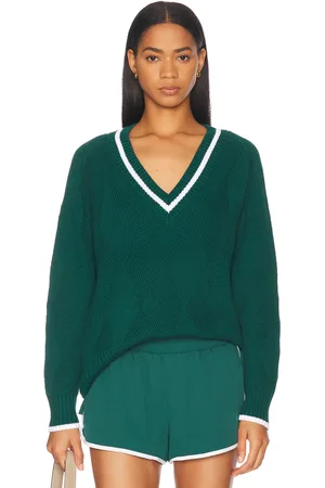 Varley Ray Diamond V-neck Knit Sweater in Dark Green