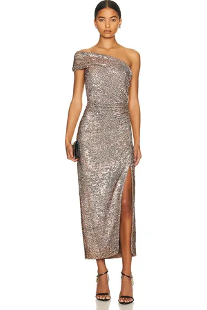 Simkhai Zay Hammered Sequin Draped Bustier Midi Dress in Brown