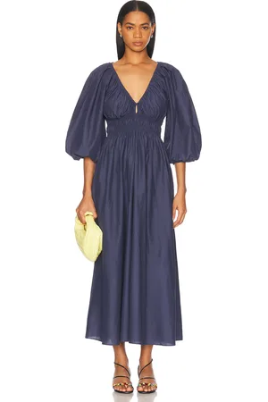 MATTEAU Shirred Plunge Button Dress in Navy