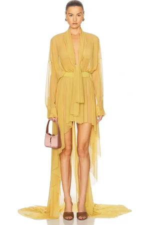 Norma Kamali Hi Low Super Oversized Boyfriend Shirt Flared Gown With Bow in Mustard