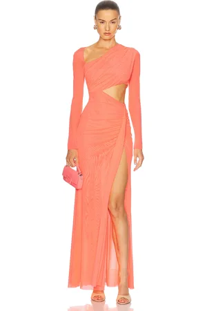 LAPOINTE Mesh Asymmetric Cut Out Ruched Gown in Pink
