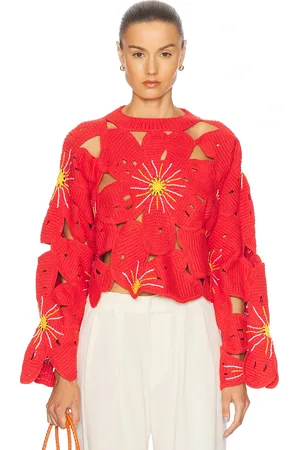THE ELDER STATESMAN Flower Pullover Sweater in Red