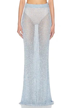 AREA Sequin Crochet Maxi Skirt in Baby Blue
