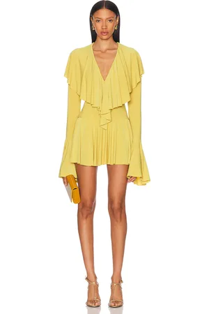 Norma Kamali Long Sleeve Deep V Ruffle Mini Dress in Mustard