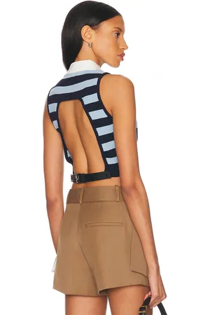 MONSE Leather Belt Back Cut-out Sleeveless Knitted Top in Navy,Baby Blue