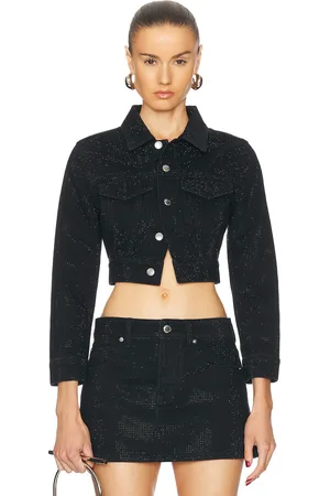 Alexander Wang Hotfix Crystal Shrunken Trucker Jacket in Black