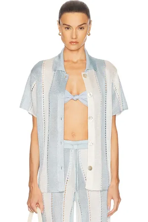 Calle Del Mar Cabana Stripe Short Sleeve Shirt in Baby Blue