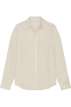 CLUB MONACO Long Sleeve Button Down Linen Shirt in Brown
