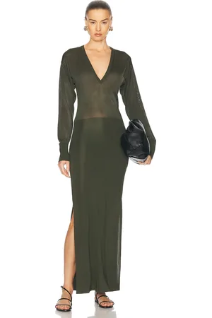 Ami V Neck Midi Dress in Olive