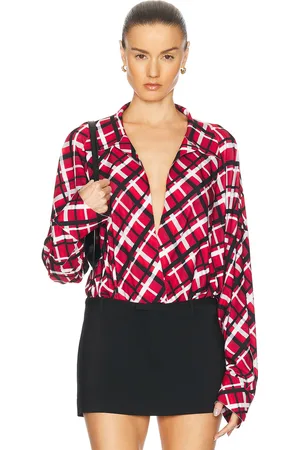 Norma Kamali Super Oversized Boyfriend Shirt Bodysuit in Red
