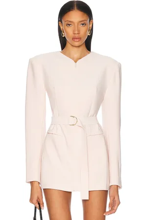 Norma Kamali Long Sleeve Shoulder Pad V Neck Zip Front Jacket in Blush