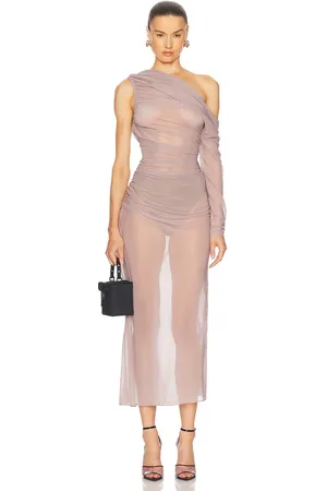 Atlein One Sleeve Draped Long Dress in Grey