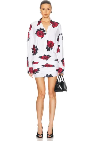 Norma Kamali Oversized Boyfriend Shirt Shirred Bottom Mini Dress in White,Red