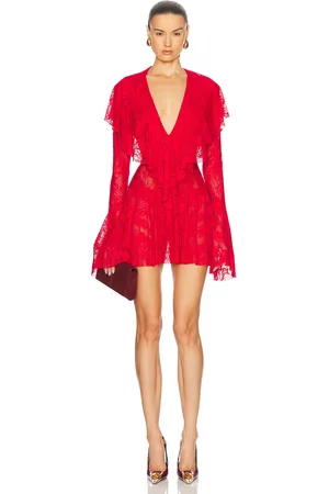 Norma Kamali Long Sleeve Deep V Ruffle Mini Dress in Red