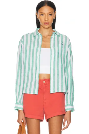 Ralph Lauren Linen Crop Long Sleeve Shirt in Green