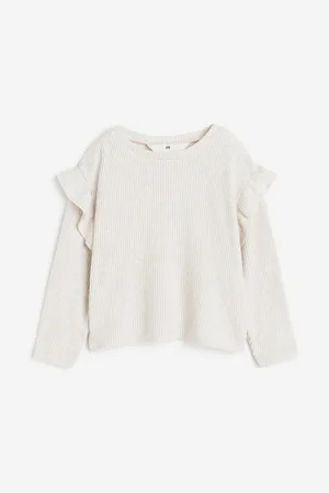  Frilled Neck Flounce Sleeve Pointelle Knit Sweater