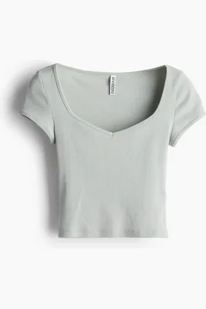 H&M Ribbed sweetheart-neck T-shirt