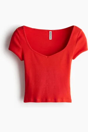 H&M Ribbed sweetheart-neck T-shirt