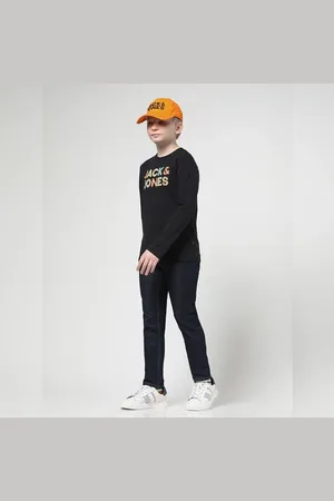 JACK & JONES Boys Black Chest Branding Full Sleeves T-shirt