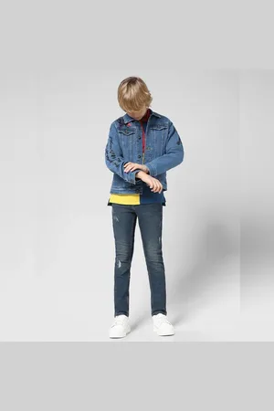 JACK & JONES JUNIOR BOYS Dark Blue Distressed Clark Regular Fit Jeans