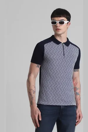 JACK & JONES Blue Printed Zip Detail Knitted Polo