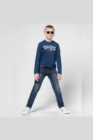 JACK & JONES JUNIOR BOYS Blue Mid Rise Clark Regular Fit Jeans
