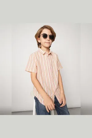 JACK & JONES Boys Beige Striped Short Sleeves Shirt