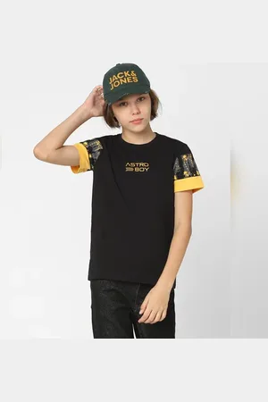 JACK & JONES Boys Black Printed Crew Neck T-shirt