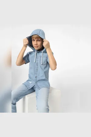 JACK & JONES Boys Blue Hooded Denim Shirt