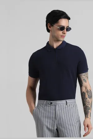 JACK & JONES Dark Blue Zip-Up Jacquard Polo T-shirt