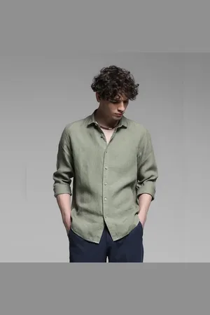 JACK & JONES Green Linen Full Sleeves Shirt