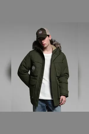 JACK & JONES GREEN FUR HOODED PARKA JACKET
