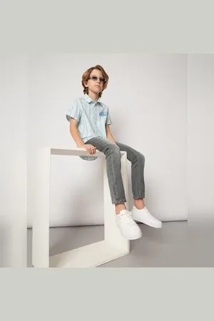 JACK & JONES Boys Blue Striped Short Sleeves Shirt