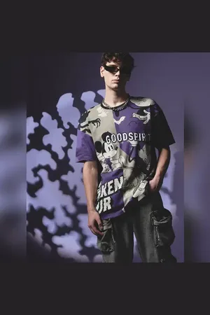 JACK & JONES Purple Mickey Colourblocked Oversized T-shirt