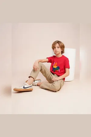 JACK & JONES Boys Red Embroidered Doggo Print T-shirt